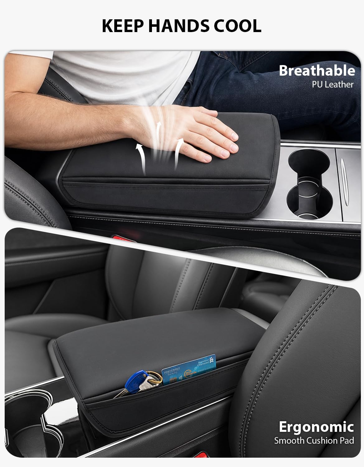 Center Console Armrest Cover for Tesla Model 3 2017 2018 2019 2020 2021 2022 2023, Model Y 2020 2021 2022 2023 2024 2025, Arm Rest Covering with Inner & Side Pockets, Black (Not for Model Y Juniper)