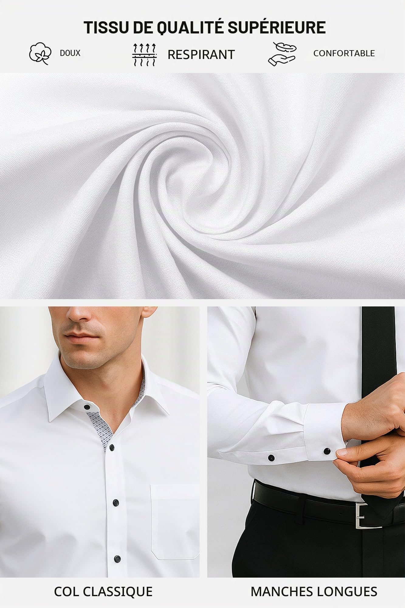 Chemise Homme Manches Longues Ensemble Été Chemise Masculine Vetement Traditionnelle Chemisette Slim Fit Affaires Casual Chemise Thee Shirts Urban Classic Chemises boutonnée Blanche Noir Bleu