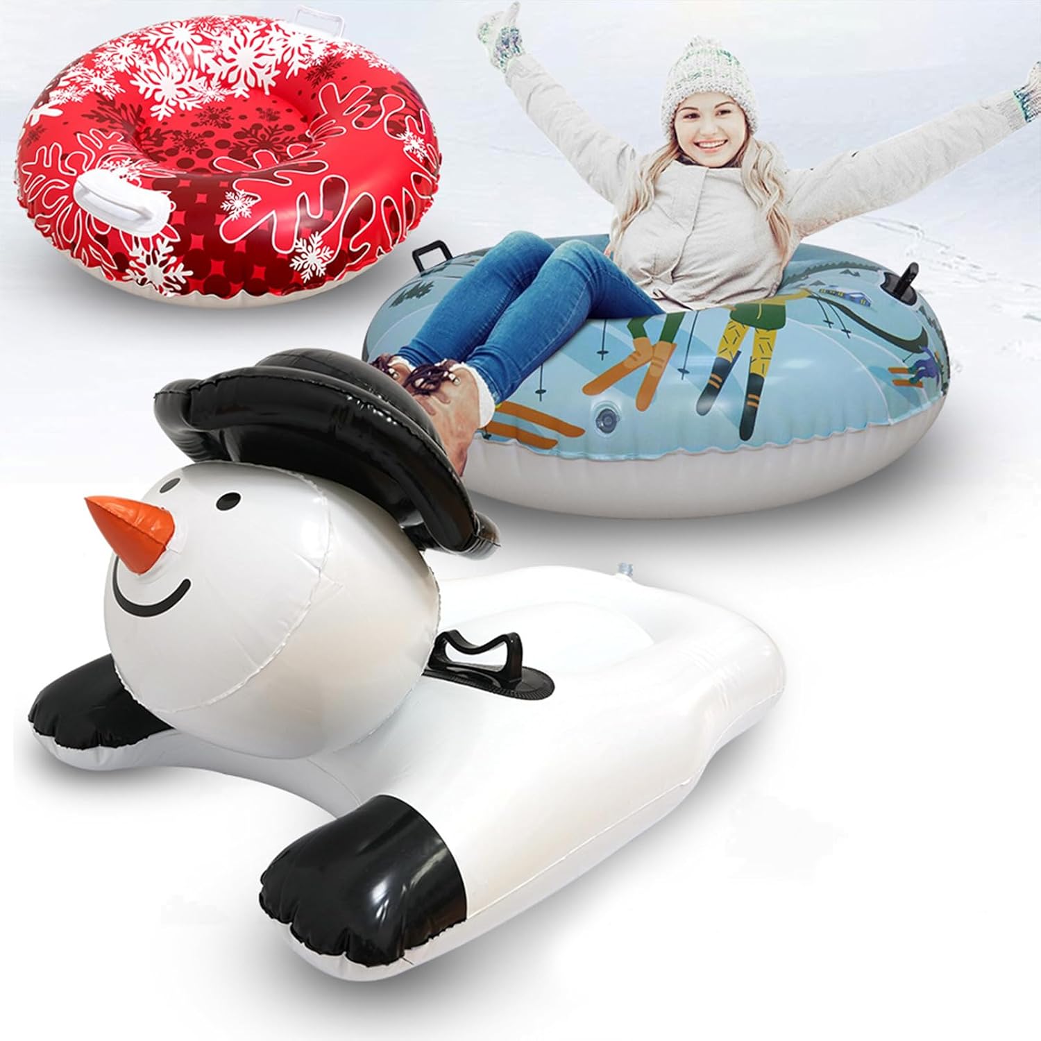 Inflatable Snow Tube with Handles Folding Snow Sled Winter Snow Sledding Toy Thicken Skiing Tubing for Outdoor Sledding
