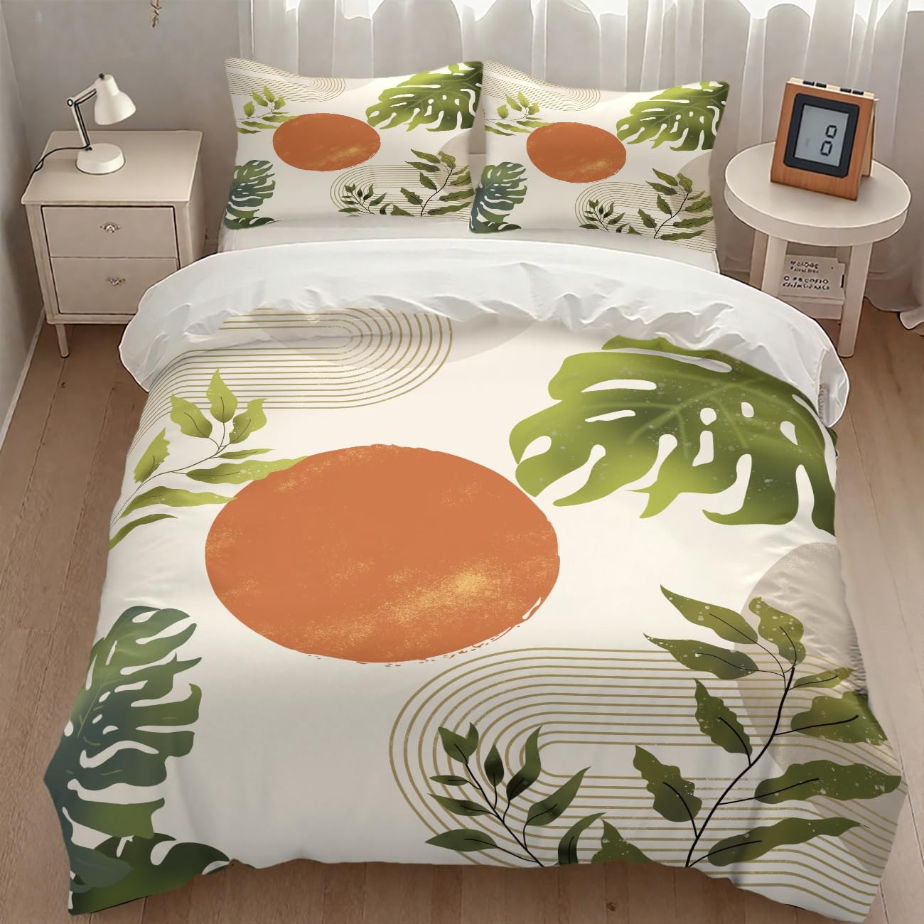 Green Leaf Bedding Set,Mid Century Tropical Plant Palm Leaves Abstract Minimalist Geometic Boho Modern Comforter Set with Pillowcase for Bedroom Bed Decor,Full 79"x90"