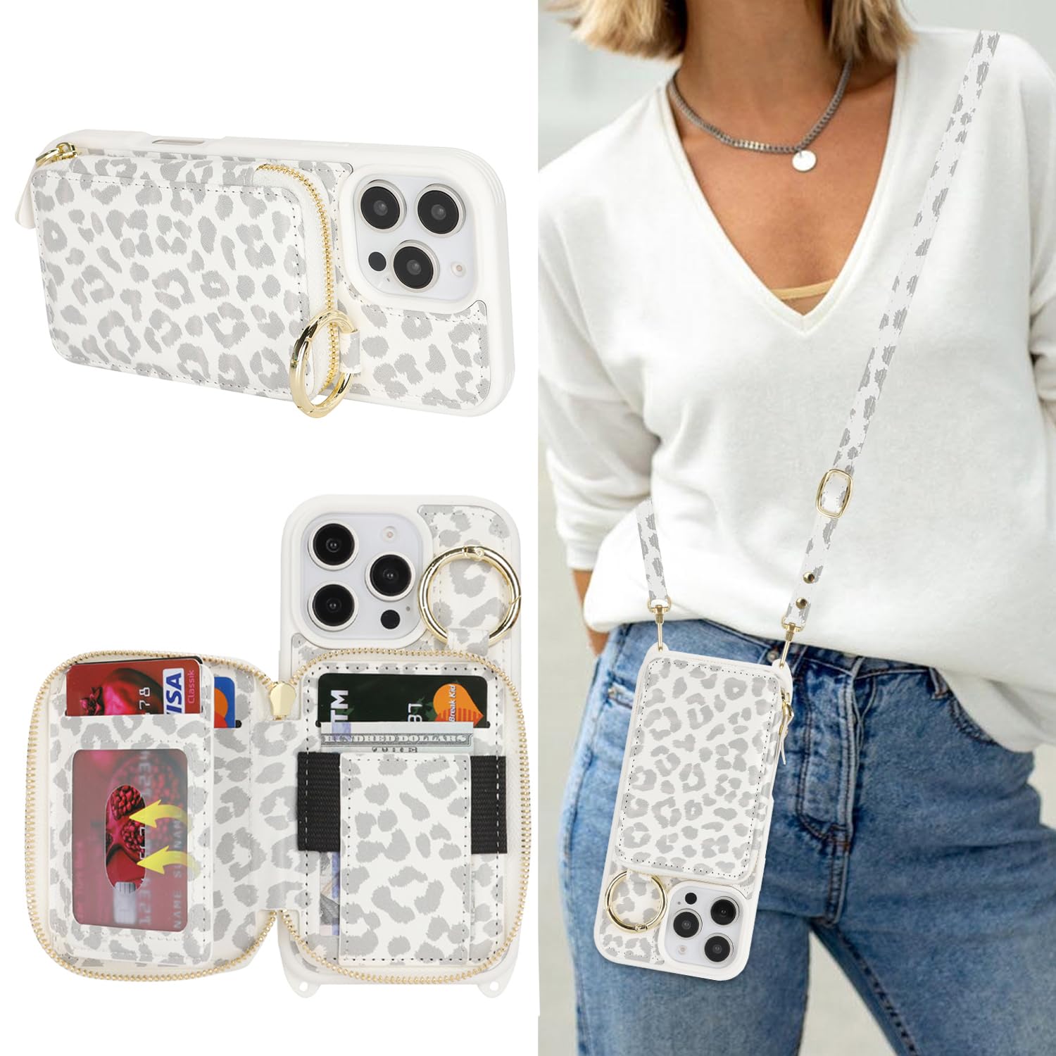 Crossbody Wallet Case for iPhone 16 Pro-White Leopard