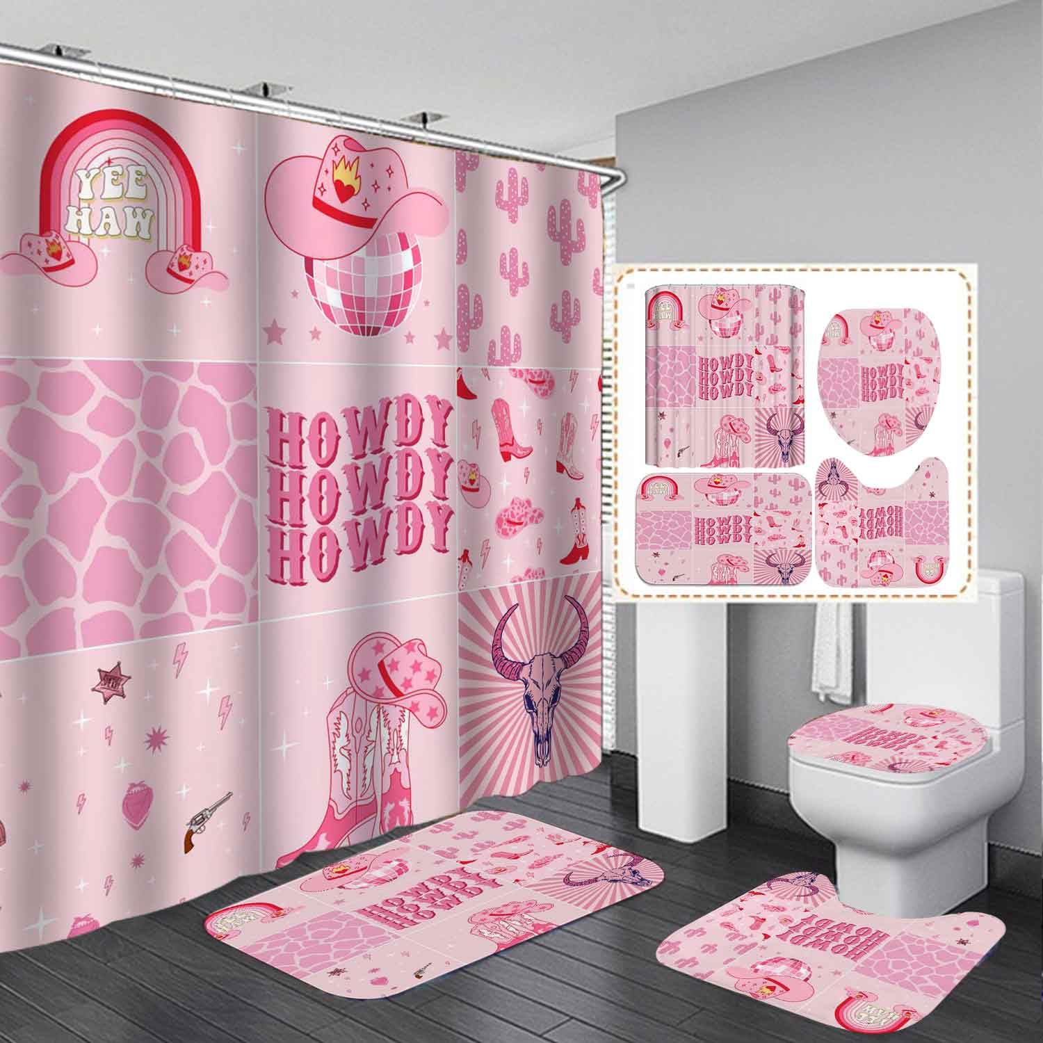 OLEBETY 4PCS Western Cowgirl Shower Curtain Sets with Rugs, Waterproof Fabric Pink Shower Curtain, Hot Pink Rainbow Hat Boots Cactus Cow Print Bull