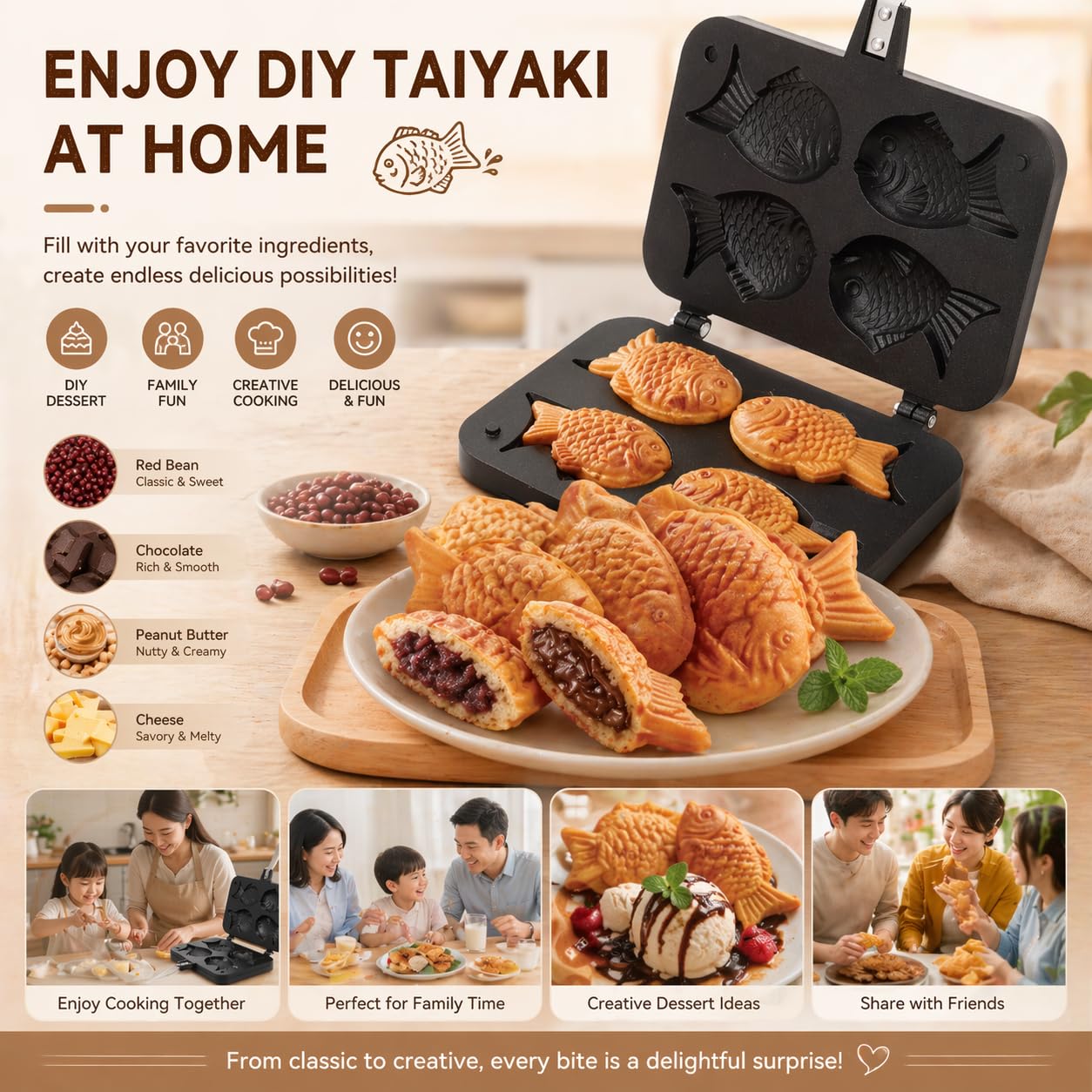 Yctze Moule à gâteau double Taiyaki en forme de poisson, antiadhésif, mini gaufrier avec long manche, moule électrique japonais coréen pour enfants et professionnels