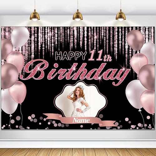 Cartel de decoración de feliz cumpleaños número 11 de oro rosa, tamaño grande, personalización con nombre y foto compatible