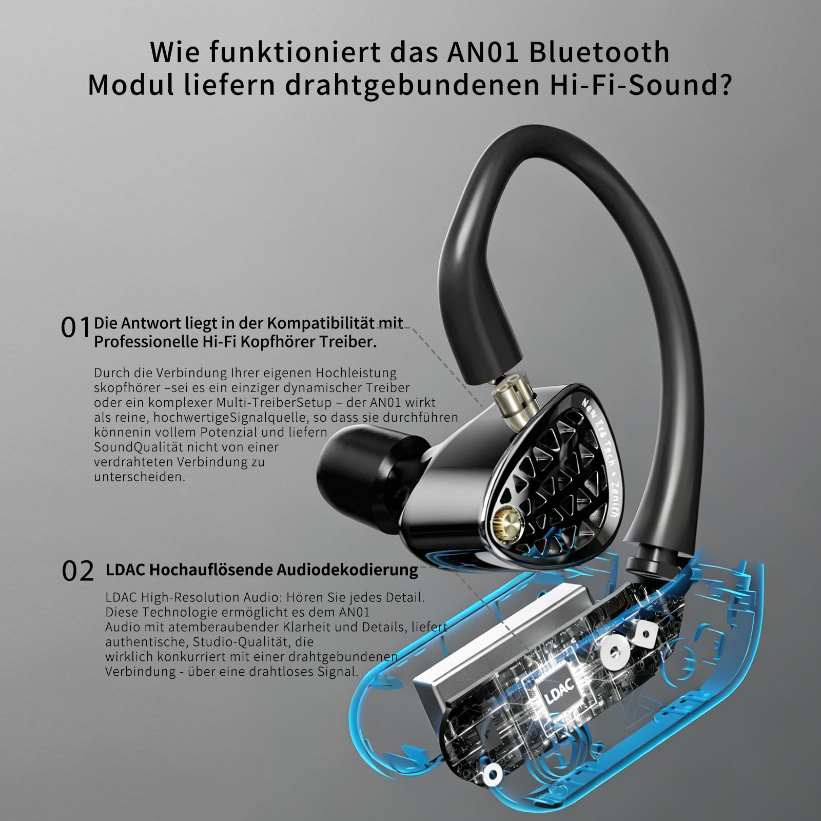 KZ AN01 IEM Adattatore Bluetooth per cuffie, Modulo per cuffie Bluetooth 5.4 True Wireless, cuffie wireless con gancio auricolare e cancellazione attiva del rumore (ANC), 40 ore di riproduzione