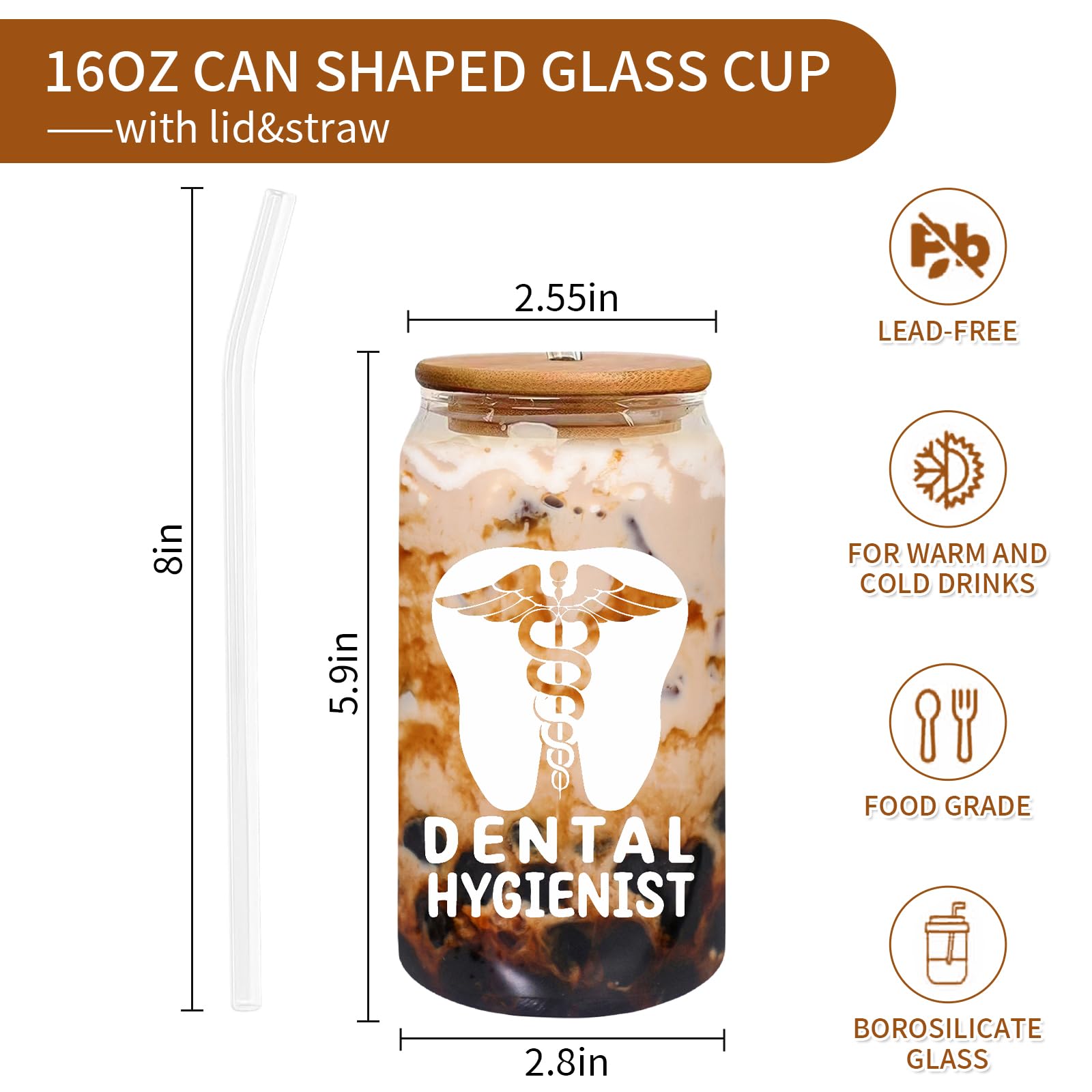 Dental Hygienist Gifts for Women, 16oz Dental Hygienist Glass Cup With Straw, Appreciation Week Graduation Gift Dental Hygienist Must Haves Travel Coffee Tumbler Mug Cup
