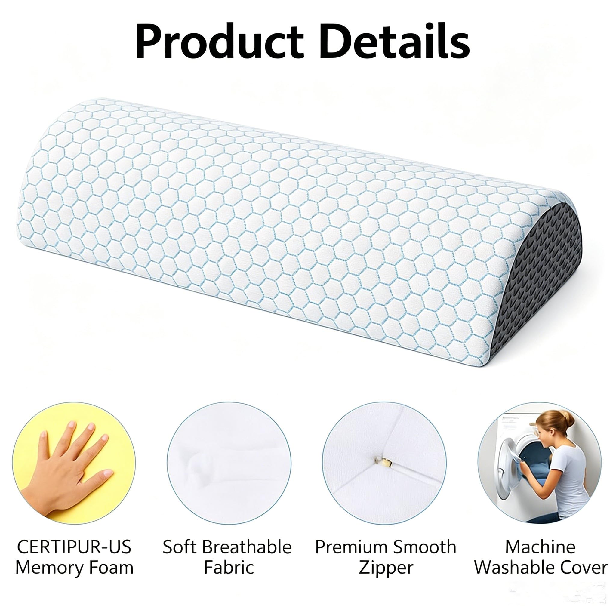 Almohada semicircular para las rodillas, almohada ortopédica para rodillas ergonómicas para dormir de lado, rodillo de espuma viscoelástica para apoyar piernas, rodillas, caderas y espalda