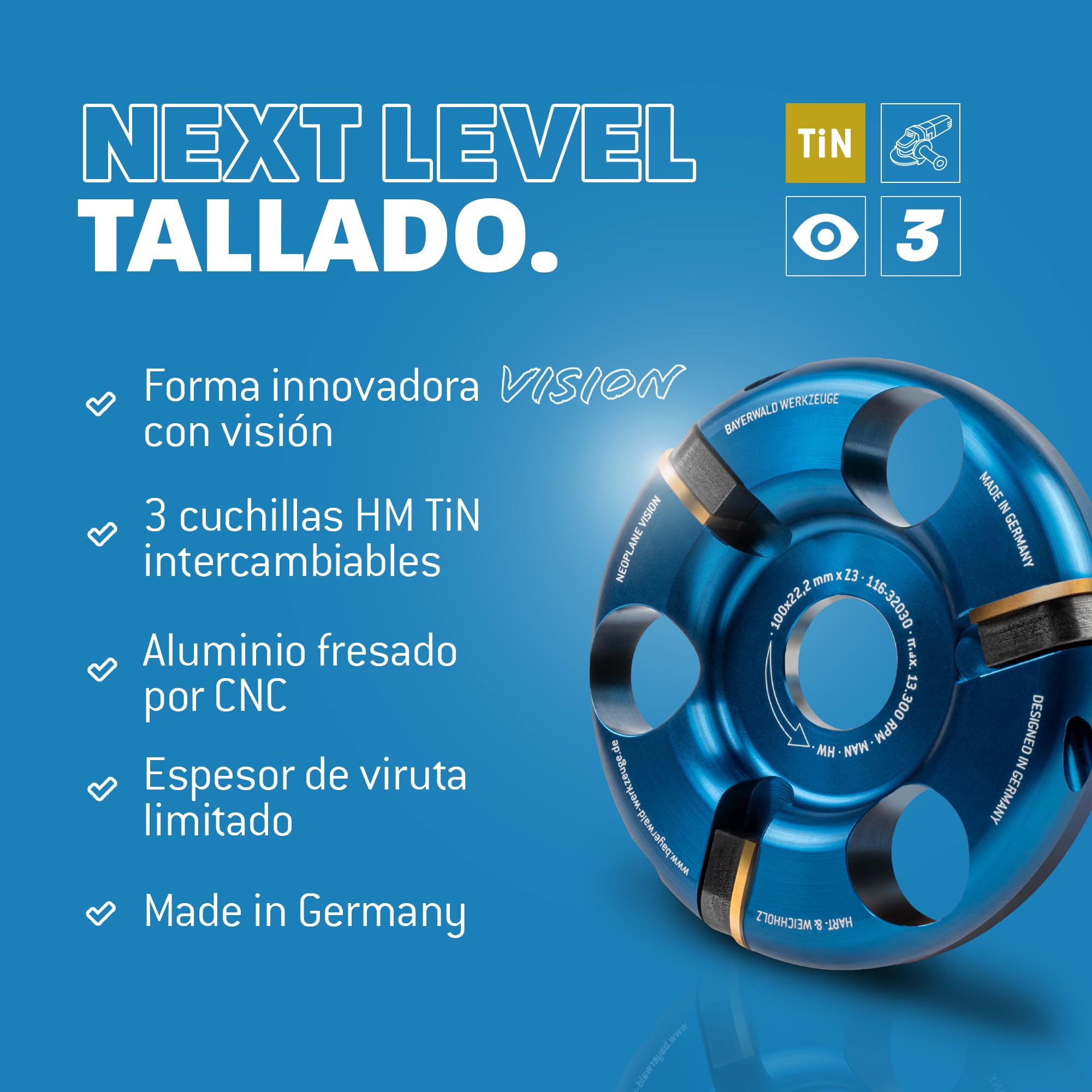 Bayerwald Werkzeuge NeoPlane - Disco de madera para amoladora angular - Disco madera Ø 100 mm - Dientes de carburo TiN intercambiables, larga vida útil