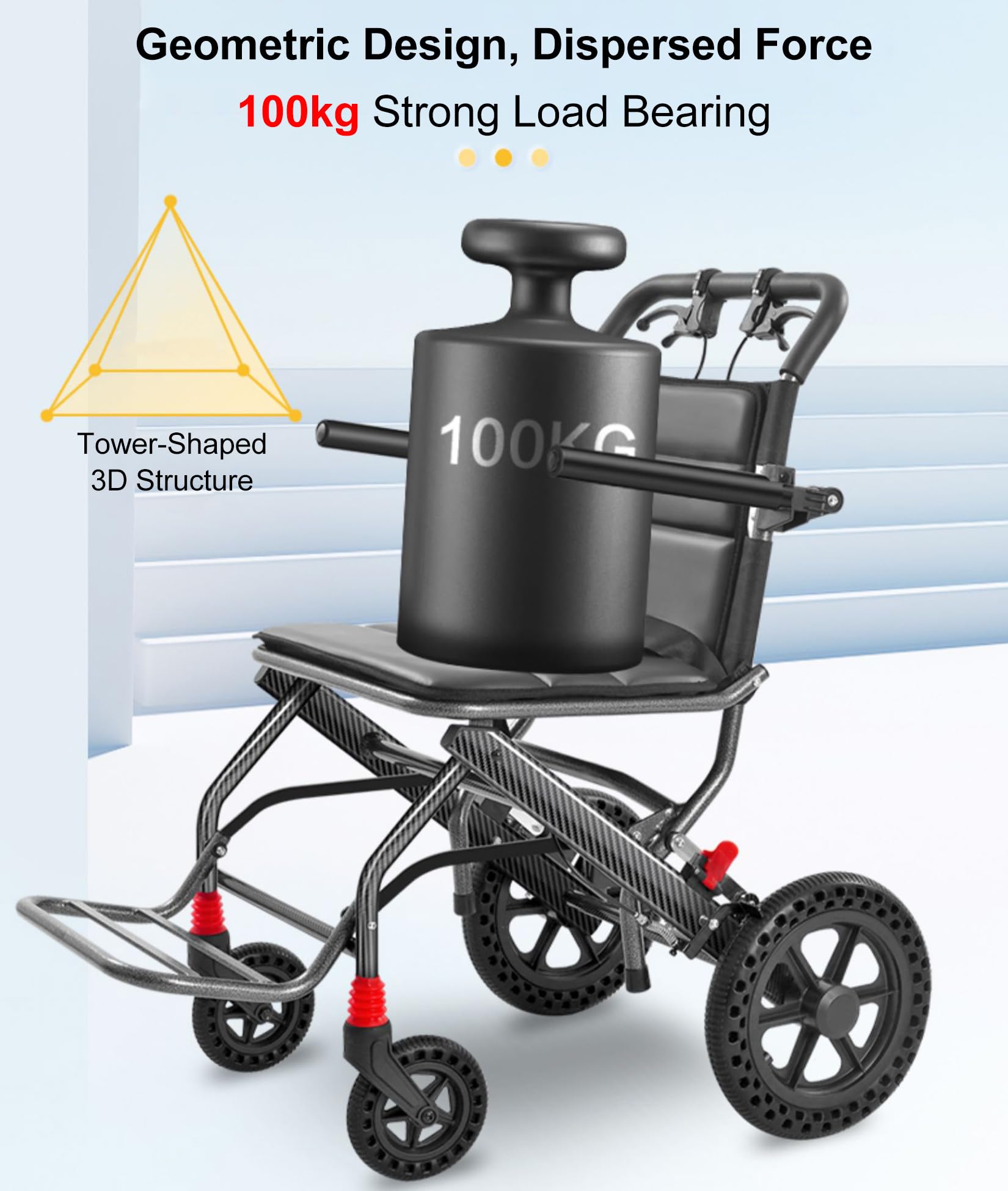 BOTOWI Silla de Ruedas Ligera de Transporte con Frenos de Mano Bloqueables, Ruedas Traseras de 12", con Asiento Ancho, Diseño Trolley, Silla de Ruedas de Aluminio para Adultos/Seniors