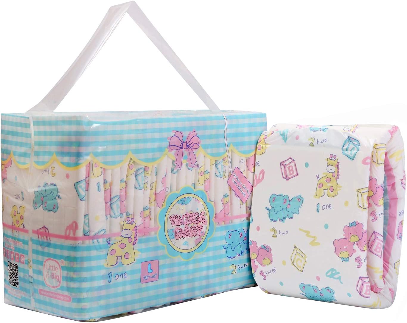 Littleforbig Adult Printed Diaper 10 Pieces - Vintage Baby (Large 36"-46")