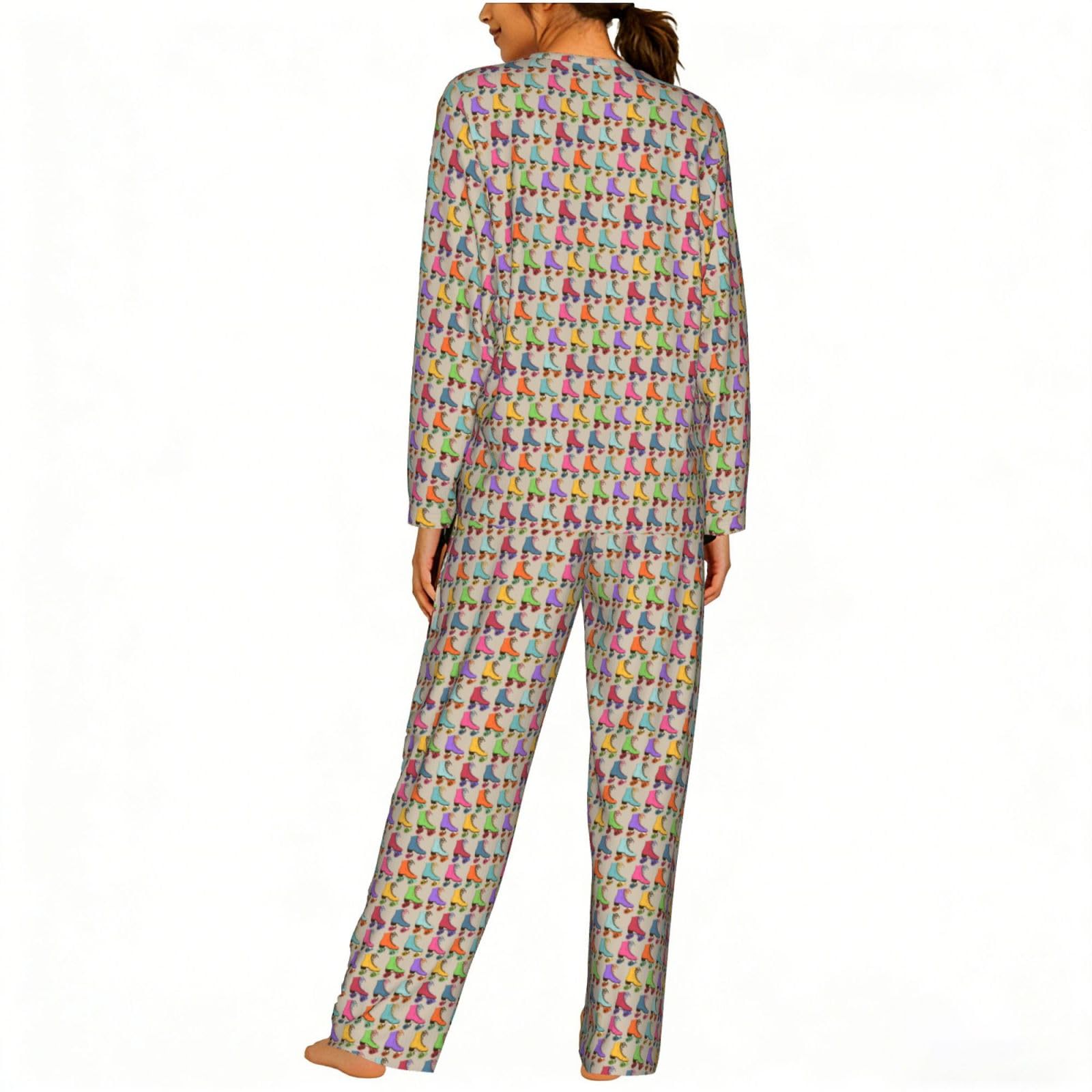 Pattini a rotelle colorati Stampa Donna Manica Lunga Pigiama Set Morbido Elastico Coulisse Casual Daywear
