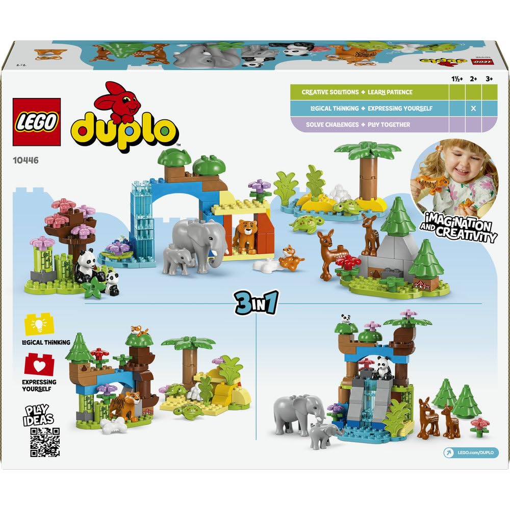 LEGO DUPLO Rodziny dzikich zwierząt 3 w 1 10446 | dzikie zwierzęta 3 w 1, klocki dla 2-latka, prezent dla dziewczynki i chłopca 2+, 92 elementy