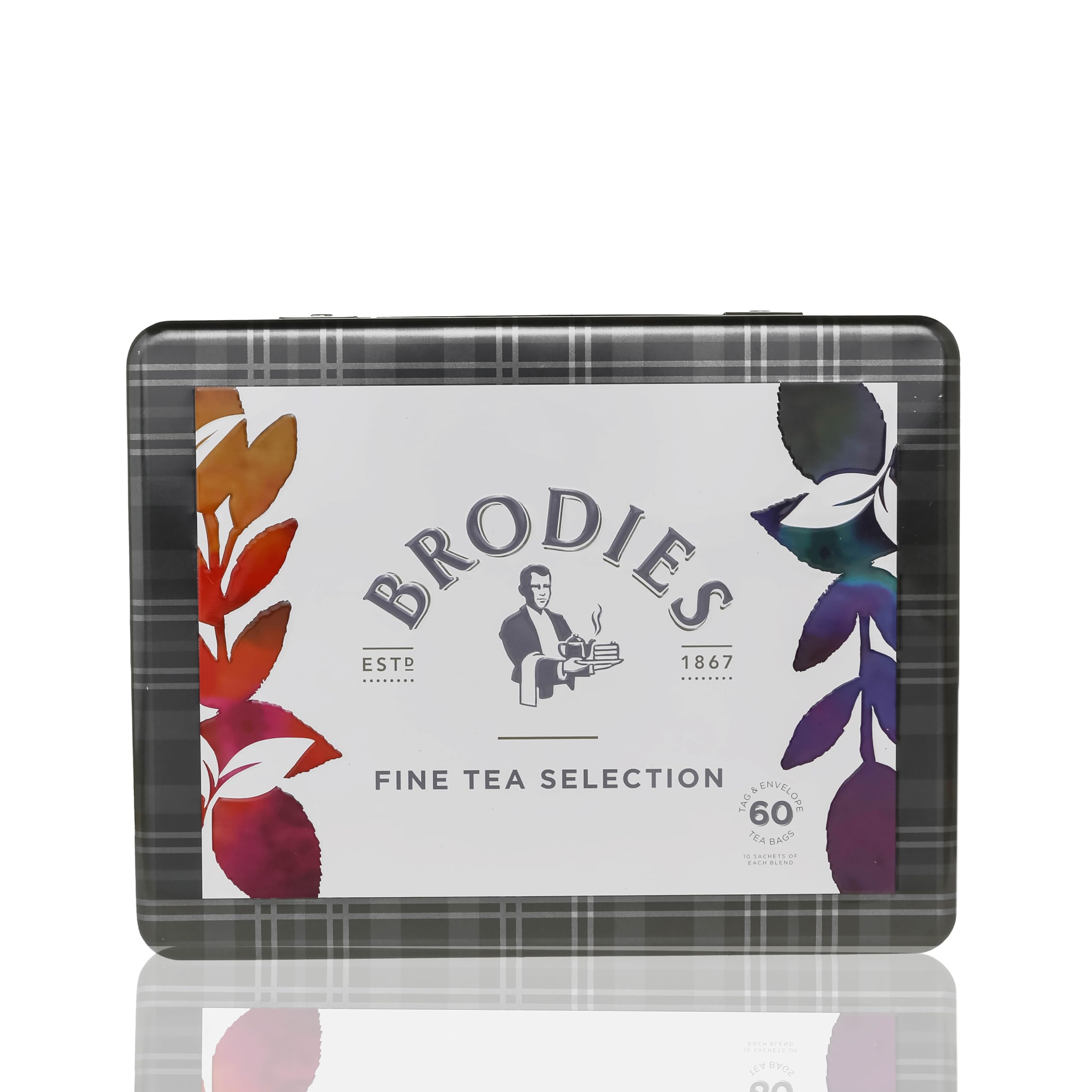 Brodies Fine Tea Selection Box - Gift Tin of a variety of 60 tea bags individually wrapped - containing Breakfast, Earl Grey, Afternoon, Darjeeling Camomile and Green tag and envelope teas.
