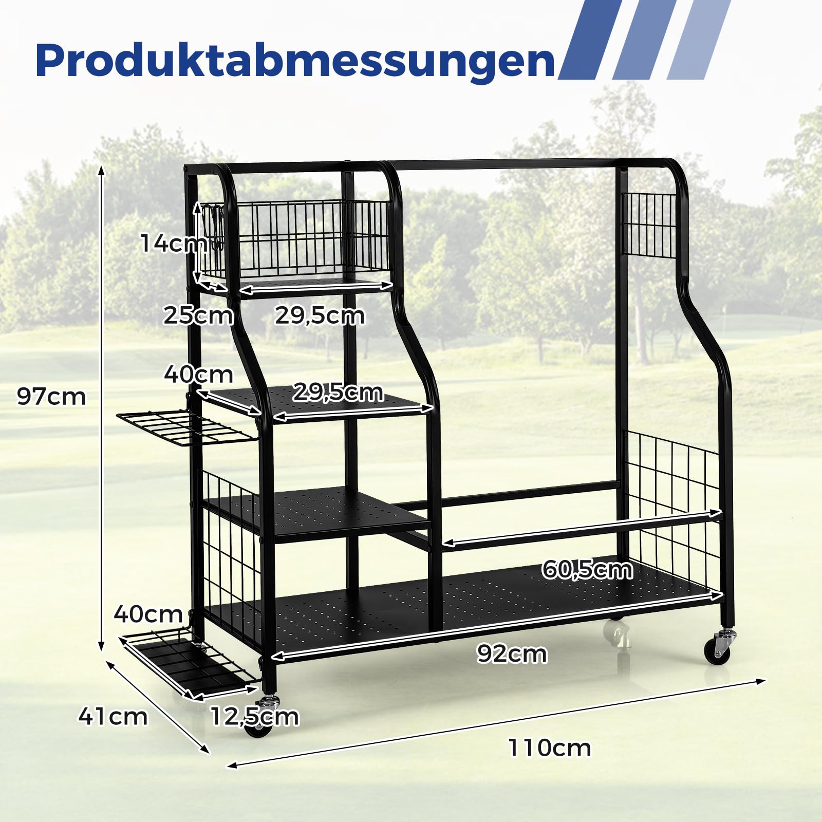 COSTWAY Organizer do kijów golfowych 4 w 1, organizer na kije golfowe z rolkami, na 2 torby golfowe i akcesoria golfowe, regał na torby golfowe z hakiem i koszem na piłeczki golfowe i 3 półki z metalu