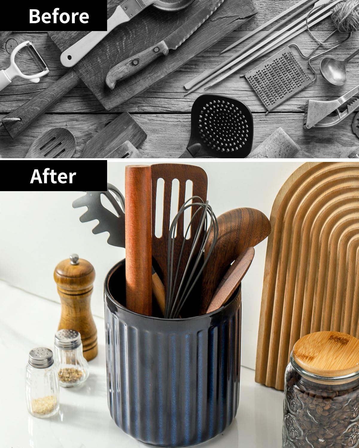 HASENSE Keramik-Utensilienhalter, 18,5 x 15,7 cm, gerippter Utensilientopf für Bauernhaus-Dekoration, Porzellan-Kochutensilienhalter für Küchenarbeitsplatte, Utensilien-Organizer für