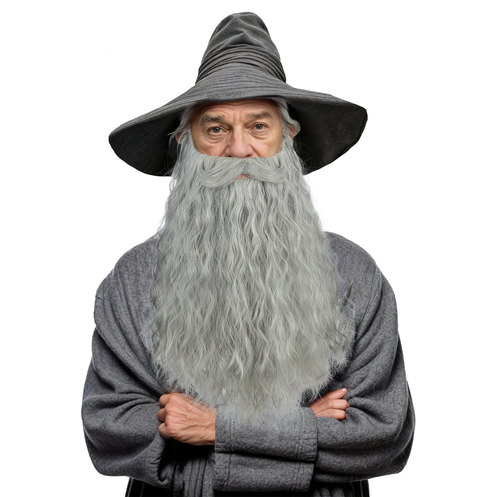 VGbeaty Männer Lang lockig Grau Gefälschter Bart Zauberer Anime Cosplay Lustiger Bart Hitzebeständig Kunstfaser Langlebig Größenverstellbar Atmungsaktive Kappe für Halloween Kostüm Fancy Party