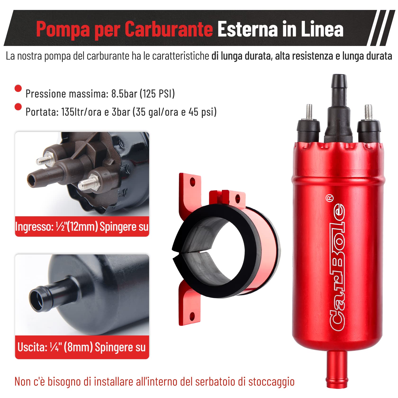 CarBole Pompa del Carburante Elettrica Esterna in Linea a 125PSI,Pompa per Carburante ad Alta Pressione 12V e Staffa Ammortizzante,250BHP,Sostituzione del,Rosa