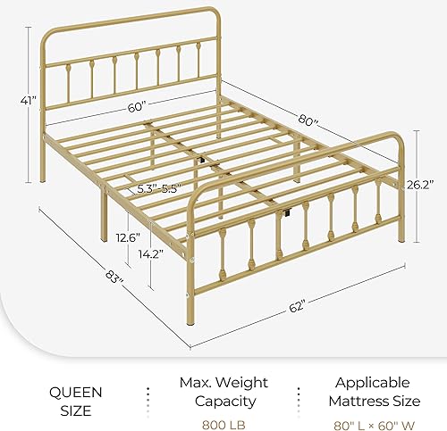 Miniatura 2 de Yaheetech Base de cama clásica de metal con base de colchón con estilo victoriano, cabecera, estribo, almacenamiento debajo de la cama, no necesita