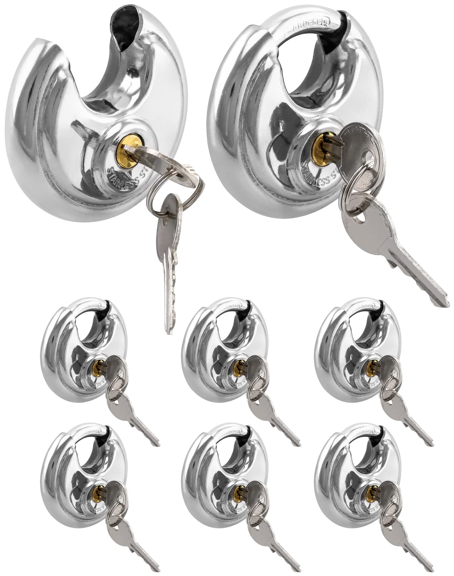 QWORK Candado de disco con llave igual, paquete de 8 candados de disco de acero inoxidable con grillete de 3/8 pulgadas, 2-3/4 pulgadas de ancho, para garajes, vallas, cobertizos y unidad de