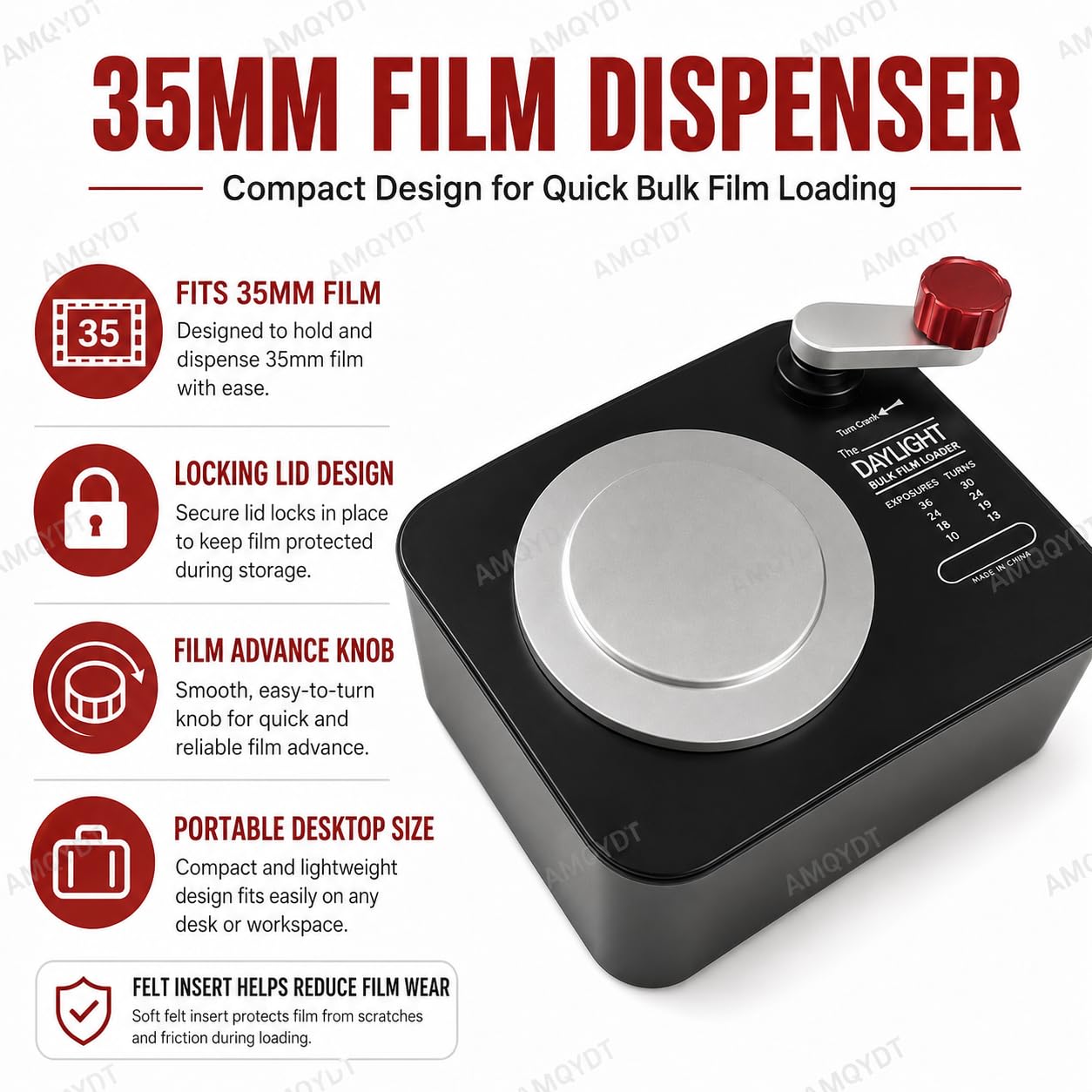 Dispenser di pellicola da 35 mm con coperchio di bloccaggio, maniglia di riavvolgimento e fodera in feltro, contiene 30 rotoli per fotocamere vintage e retrò, ideale per il caricamento di pellicole