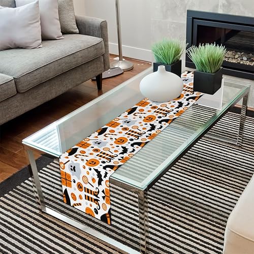 Miniatura 7 de Camino de mesa de Halloween, calabaza, fantasma, murciélago, caramelo, camino de mesa de lino, 13 x 36 pulgadas, camino de mesa rústico de granja,