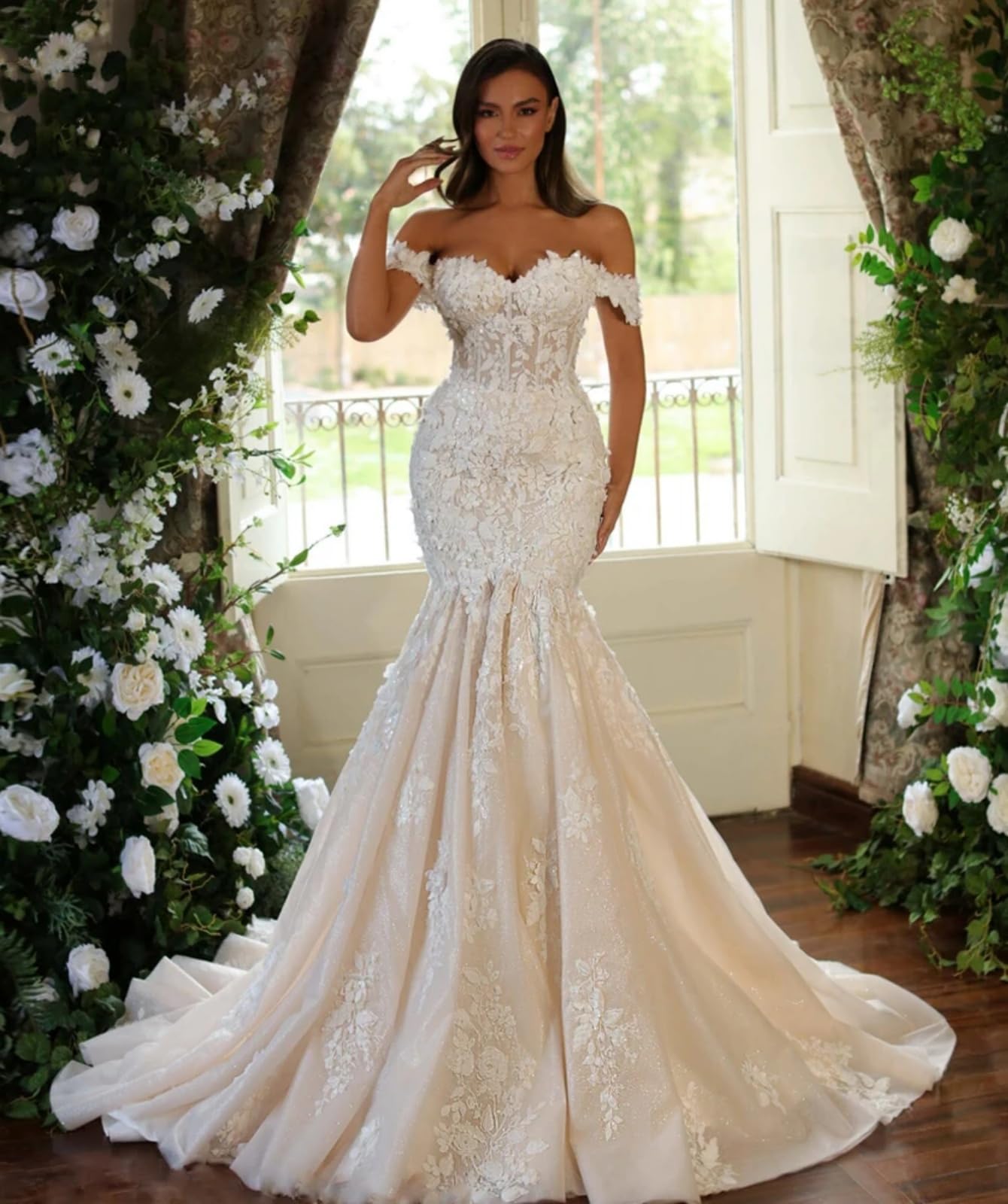TSxuelian Vestidos de novia de sirena con hombros descubiertos para mujer, apliques florales, vestidos de novia de boda