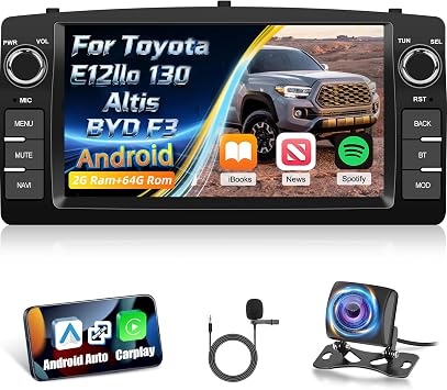 [2+64] Volxcereo Car Radio for Toyota Corolla E120 E130 Altis BYD F3, 7 inch Android Touchscreen Corolla Stereo with Carplay/Android Auto, GPS, WiFi, Bluetooth, SWC,UI Theme, FM/RDS