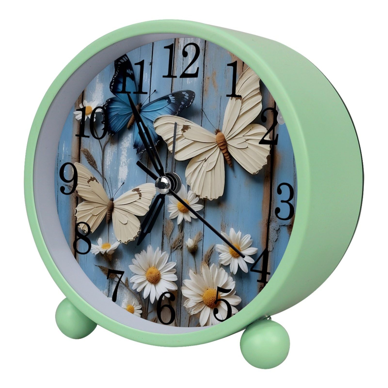 etoenbrc Rural Butterfly Round Battery Operated Bedside Alarm Clock Non-Ticking Desktop Silent Analog Alarm Clock with Light