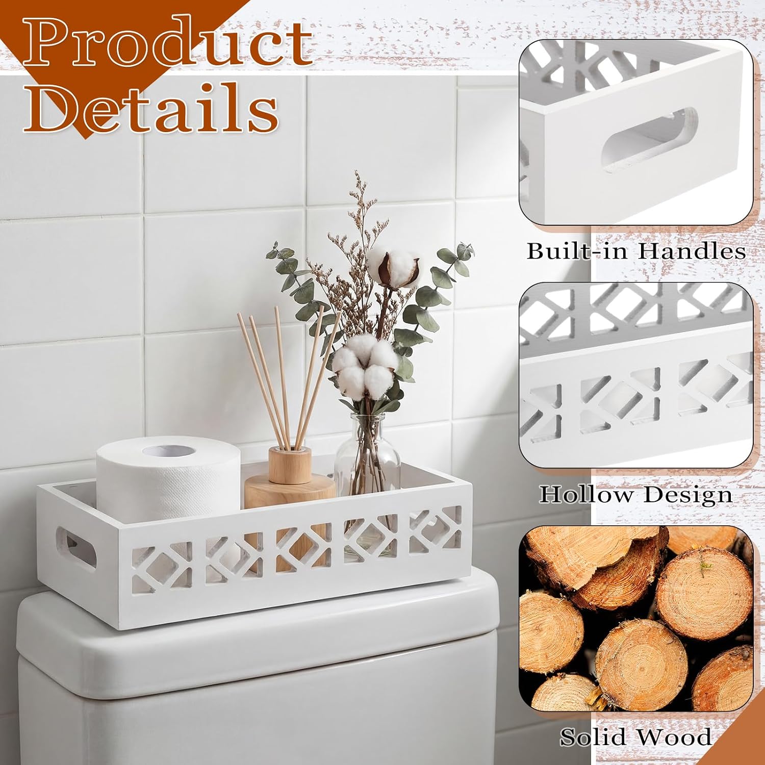 Qunclay 2 Pack White Toilet Tank Baskets Wooden Toilet Tank Top Paper Baskets with Handle Rustic Hollow Bathroom Paper Organizer Holders Farmhouse Decorative Bathroom Storage Box