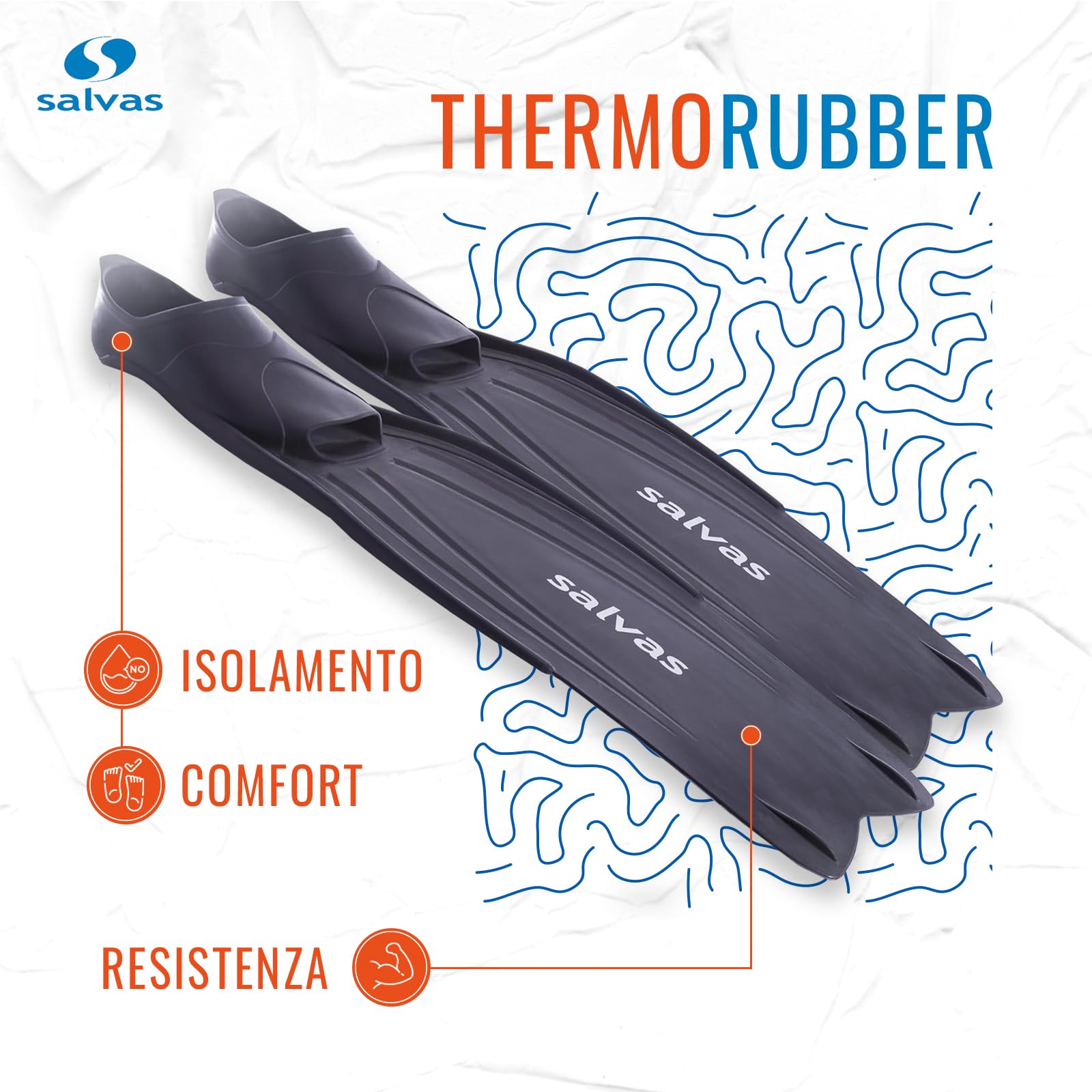Salvas Pinne Snorkeling Shark - Pinne Uomo Pala Lunga per Snorkeler, Immersioni Libere e con Attrezzatura Subacquea - Scarpetta Thermorubber e Pala Technoflex per Elevate Prestazioni Sport Acquatici
