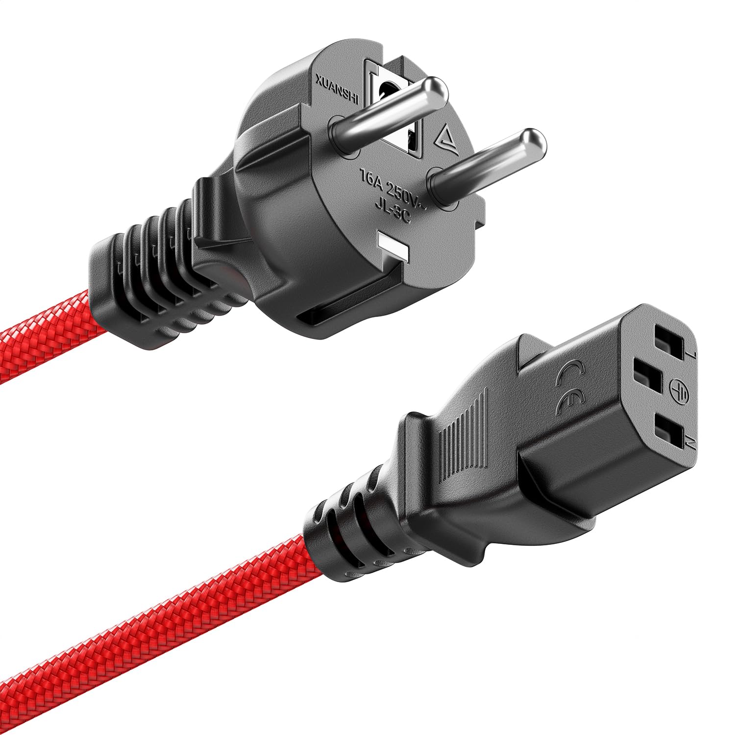 deleyCON 1 m Power Cable - Nylon Line - Power Supply Cable 3 Pin F Plug to C13 Socket PC Computer Monitor Printer Projector - Red - 3