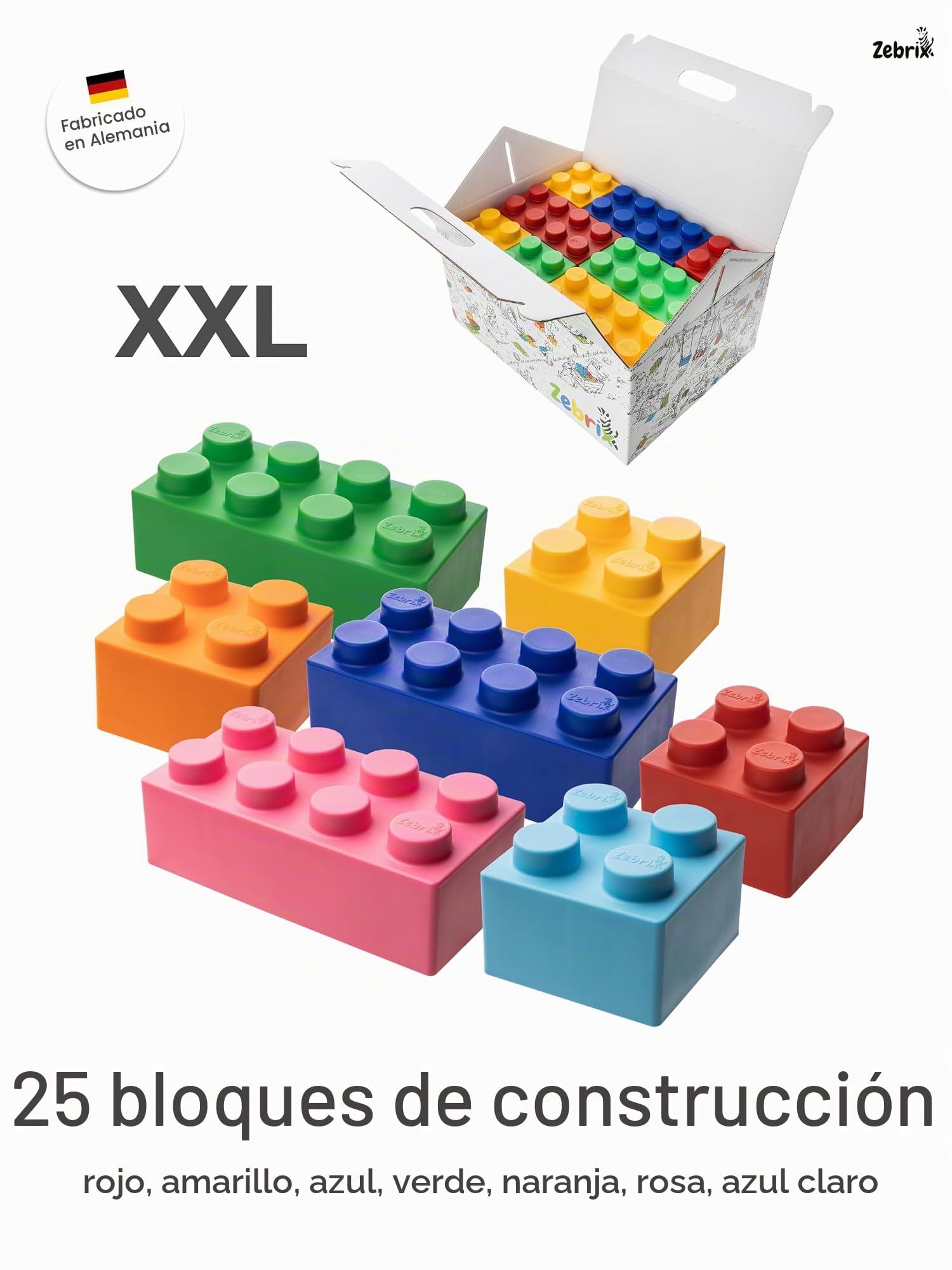XXL 25 piezas de construcción 7 colores | Grandes bloques de construcción en rosa, celeste, naranja, rojo, verde, azul y amarillo - (25 piezas) | Para bebés y niños | Fabricado en Alemania