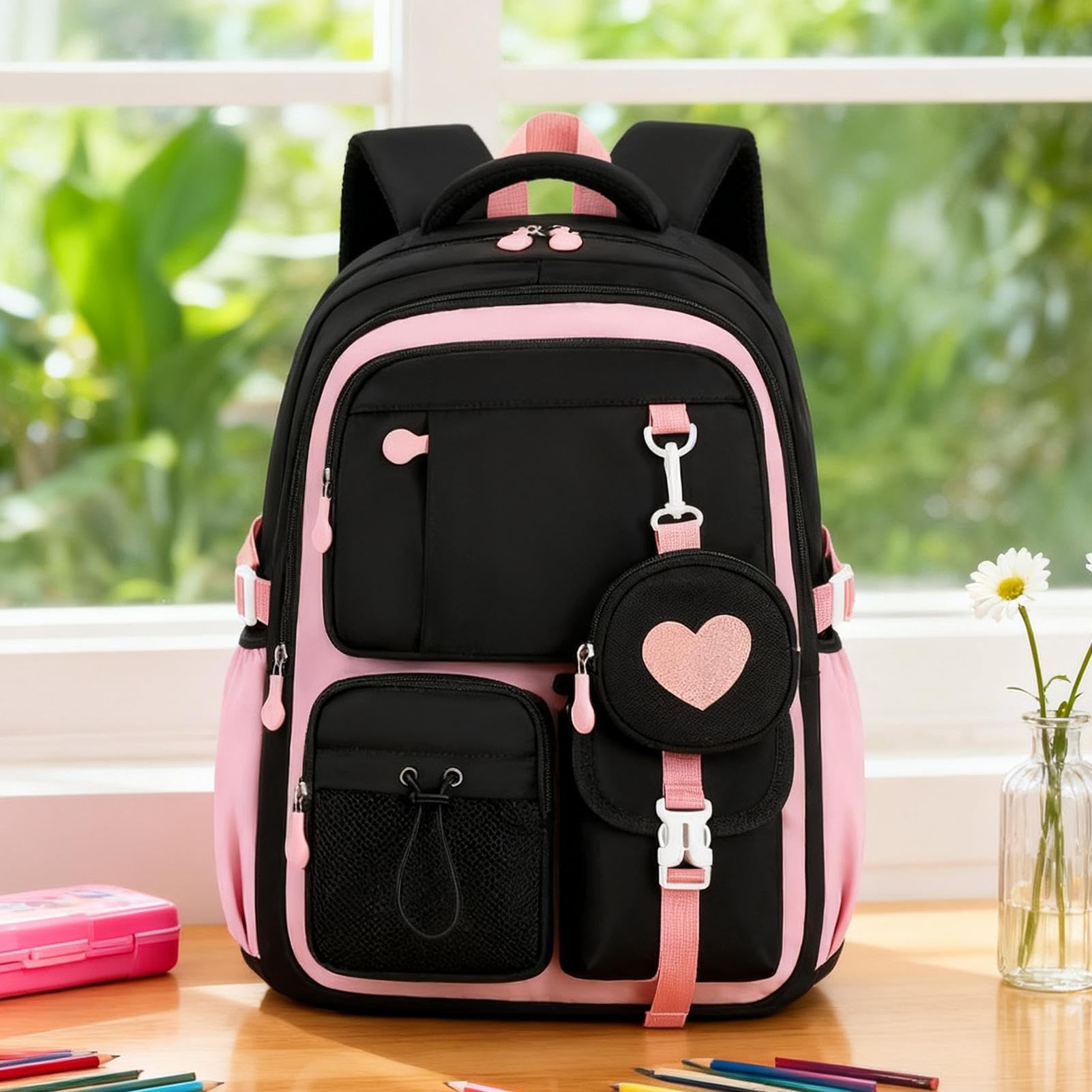Rucksack für die Grundschule - Schulrucksack für Kinder, Book Lernspeichen Teenager | Geräumige Tasche für Mädchen große Größe, Reisebranche für Kinder, Jugendliche, Pink, Fare riferimento alla