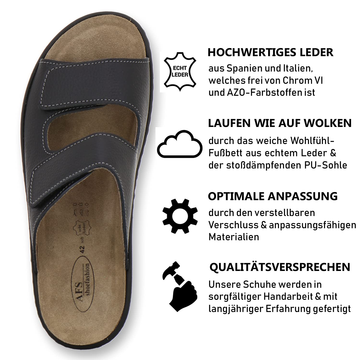 AFS-Schuhe 3502 Bequeme Pantoletten mit Wechselfussbett für Herren Leder, Hausschuhe Arbeitsschuhe, Made in Germany