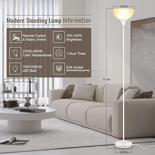 Miniatura 3 de Lámparas de pie para sala de estar, lámparas de pie Torchiere de 71'' con control remoto, temperatura de color y brillo ajustables 2700K-6500K,