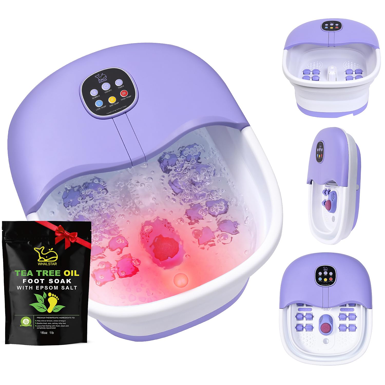 Collapsible Foot Spa Bath Massager with Heat Bubbles and Vibration Massage and Jets, 16OZ Tea Tree Oil Foot Soak Epsom Salt, WHALSTAR Foot Bath Bucket