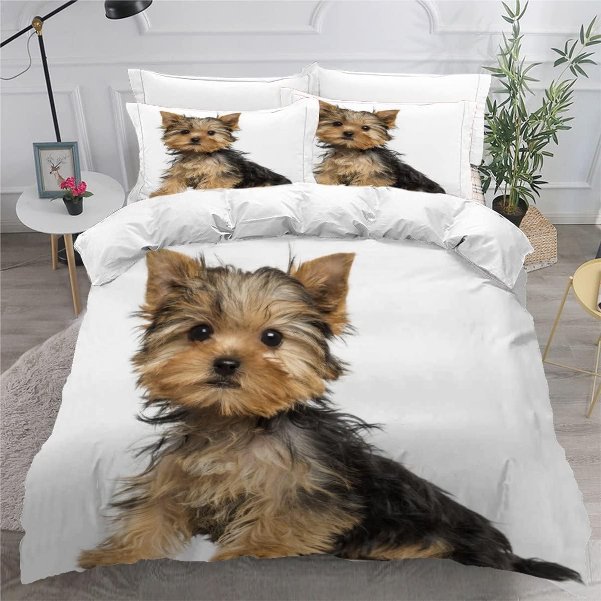 MEVASA Yorkshire Terrier Double Bed Set - Microfiber Teen Bedding - Cute Puppy White 3D - Anti Allergic Duvet Cover Set with Zipper /200x200