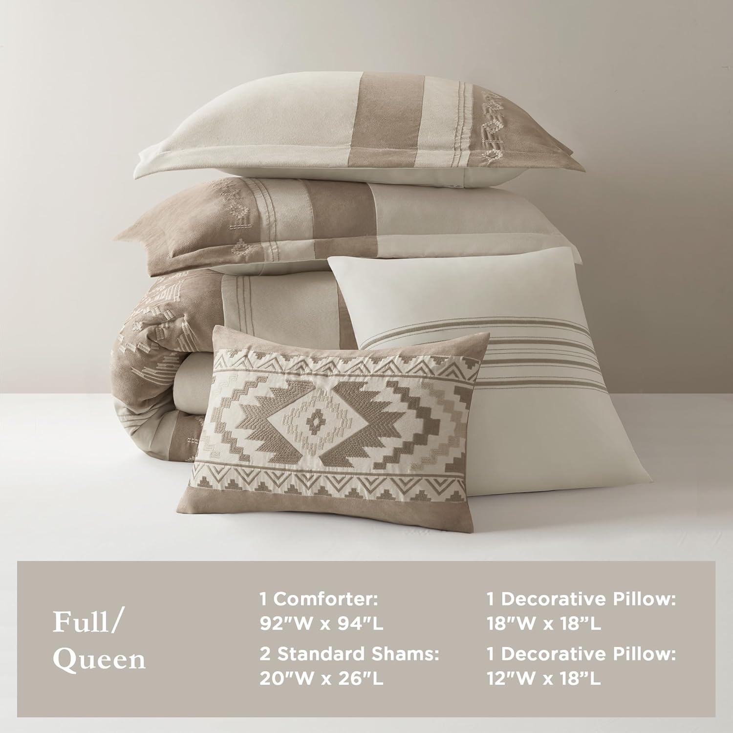 Woolrich Queen Comforter Set – Sutherland 5-Piece Microsuede Embroidered Bedding Set with Decorative Pillows, Taupe
