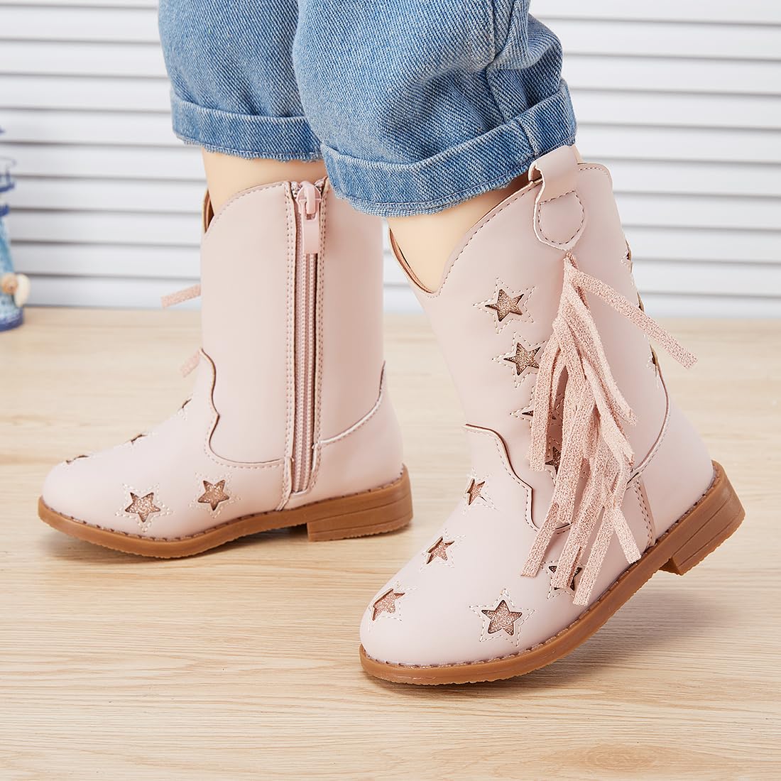 BMCiTYBM Toddler Girls Cowgirl Boots Little Kids Mid Calf Western Boots Cowboy Boots Pointed Toe Riding Shoes Tassels Glitter Pink 8 Toddler
