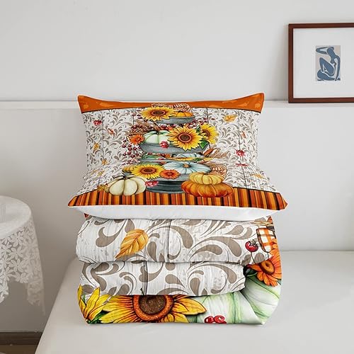 Miniatura 5 de Juego de edredón de calabazas de otoño, tamaño Queen, girasoles y hojas de arce, juego de ropa de cama para el día de Acción de Gracias, decoración