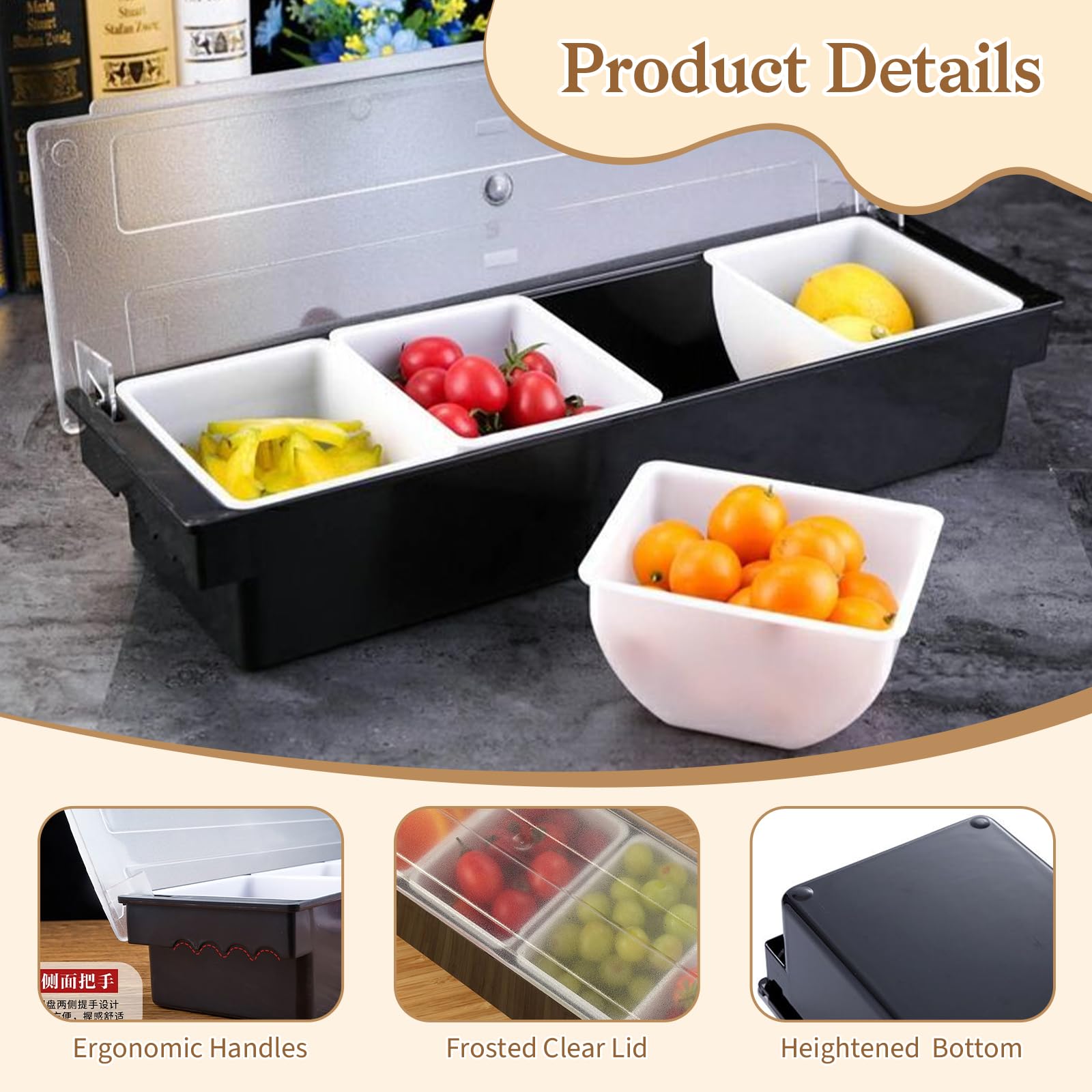 Buachois Server per Condimenti, Contenitore per Dispenser per Condimenti in Plastica Trasparente, Coperchio Staccabile Design Bar Contenitore per Frutta con Coperchio(4 Compartments)