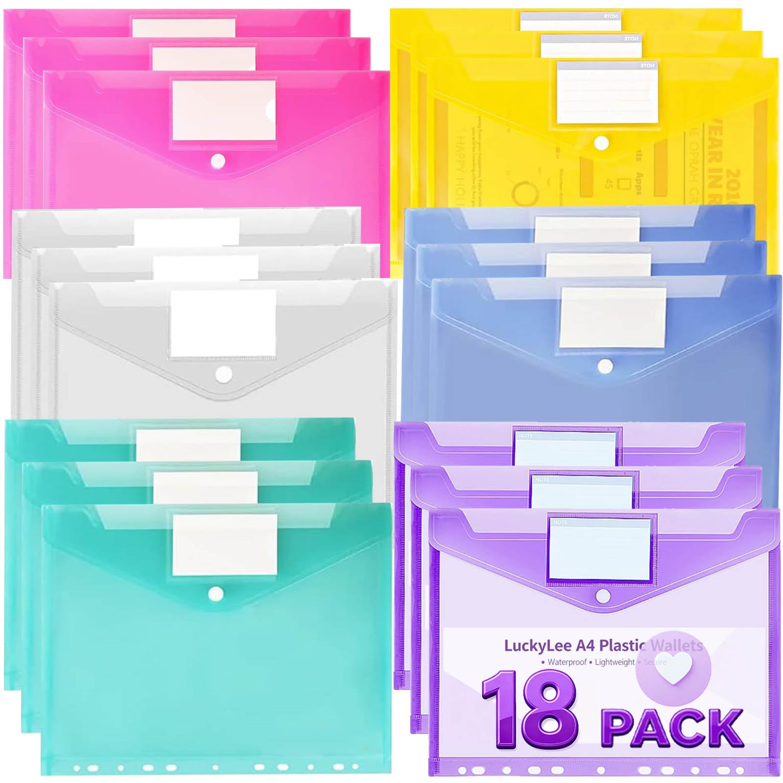 18PCS Plastic Wallets A4 Punched Pockets-6 Colours File Folders with 11 Holes, Transparent Document Envelopes Wallets with Snap Button Label Pockets for Office, School, and Home Organization — image 1