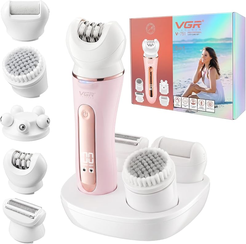 Depilador VGR 751 5 em 1 com acessórios para depilação, barbear e cuidados dos pés, rosa