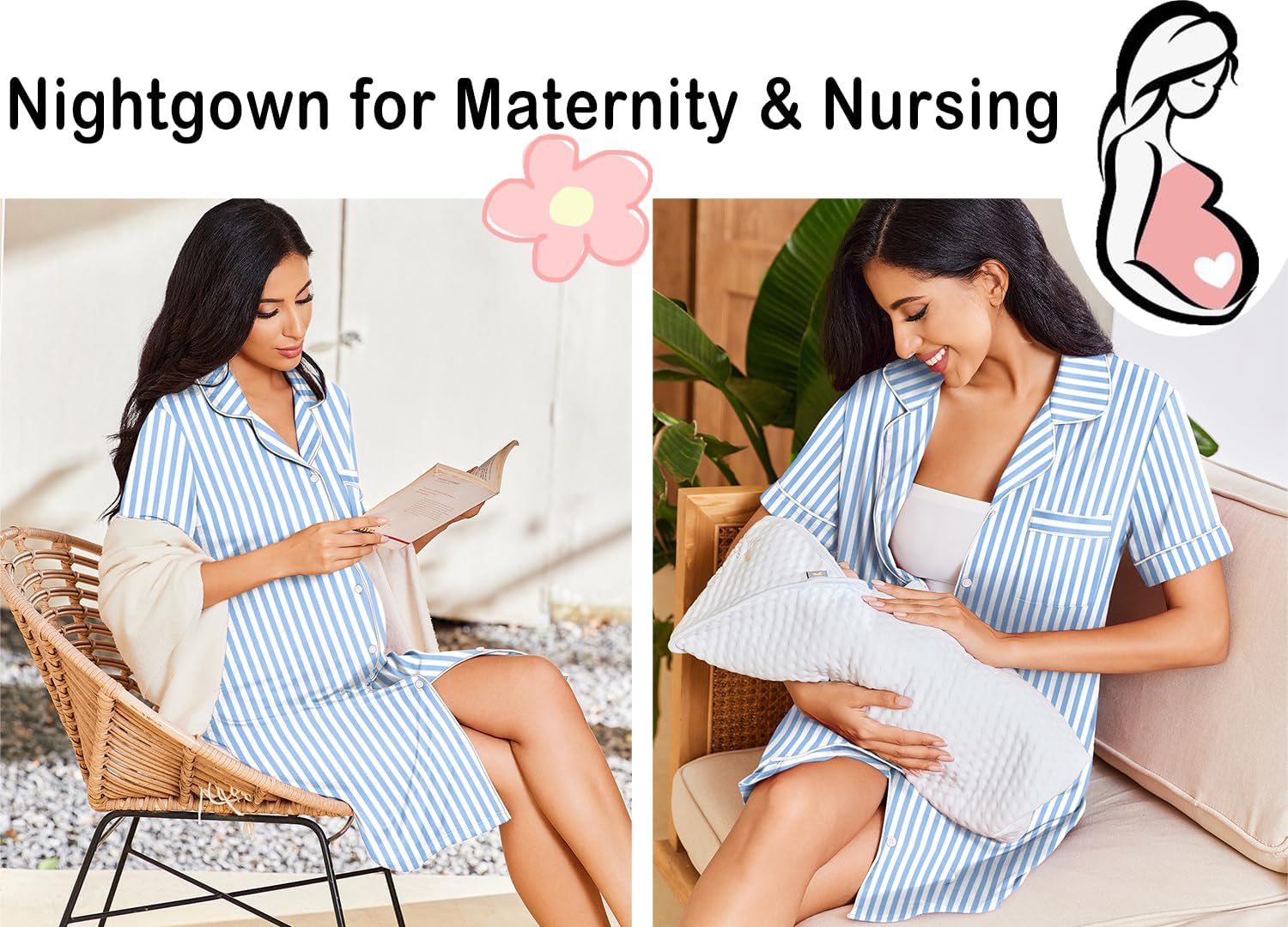 Ekouaer Nightgowns for Women Button Down Sleepshirt Short Sleeve Nightshirt Boyfriend Pajamas V Neck Nightdress S-XXXL - Image 4