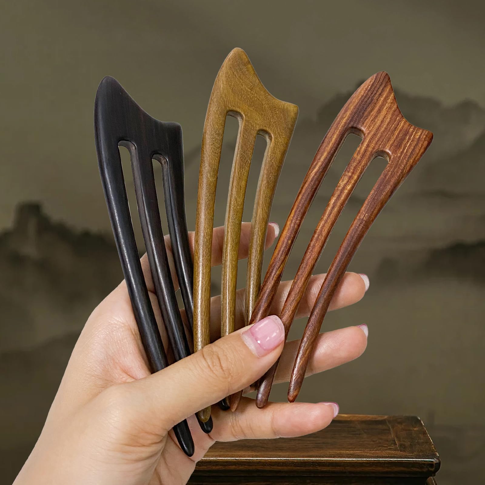 Französische Haargabel aus Holz, handgefertigt, 3 Zinken, für Damen, Sandelholz, Haarstäbchen für Brötchen, Chignon, Haarnadeln, Zubehör