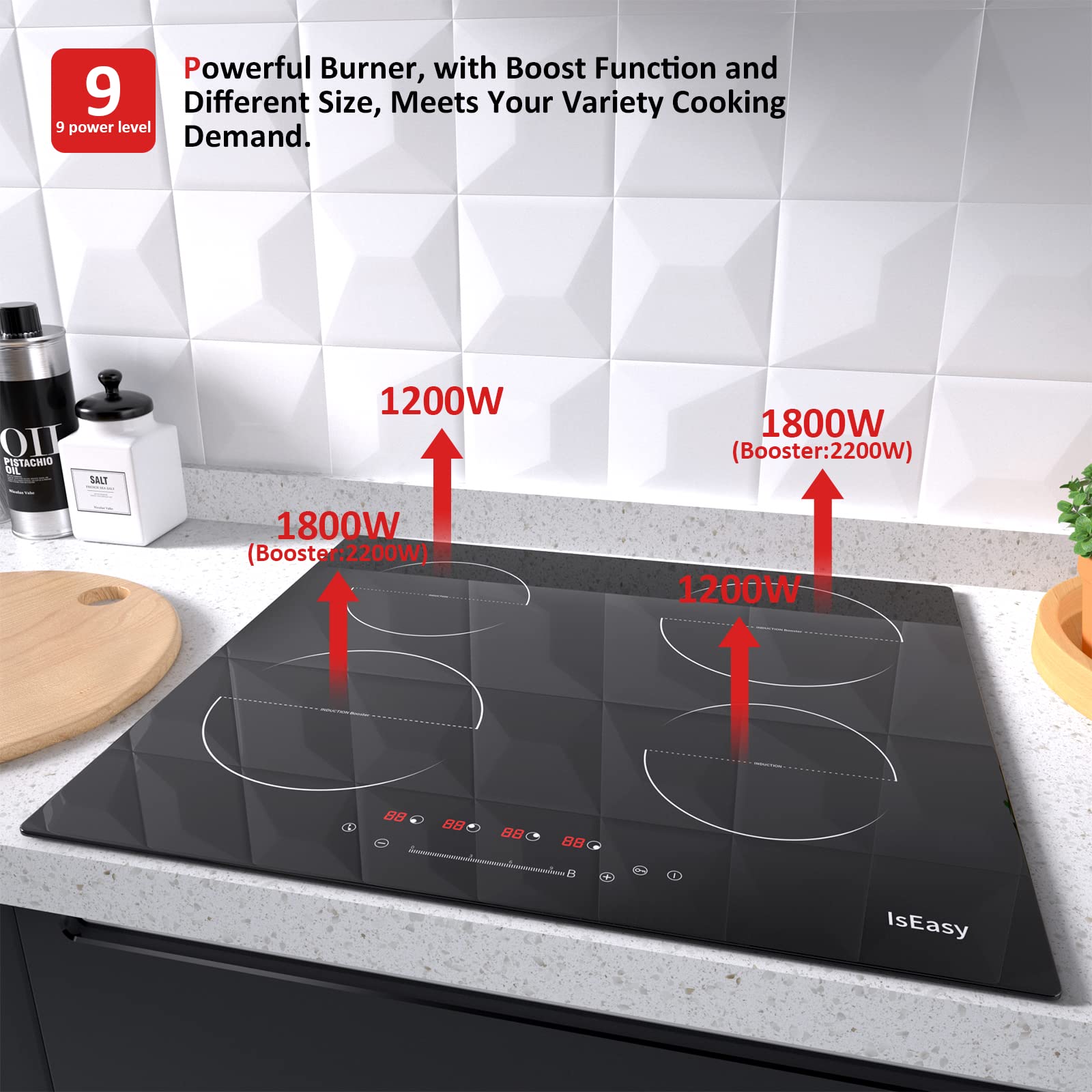 Induction Cooktop 4 Burner Electric Cooktop,6800W Builtin Induction