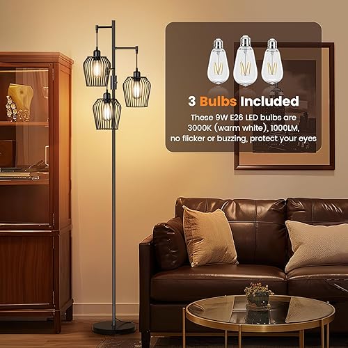 Miniatura 5 de Lámpara de pie regulable, lámpara de pie industrial de granja con elegante jaula y 3 bombillas LED de 1000 lm, lámpara de pie alta de árbol negro