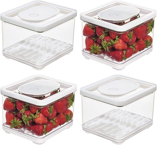 iDesign Contenedor de productos para refrigerador con bandeja de drenaje extraíble y tapa, juego de 4 unidades, transparente