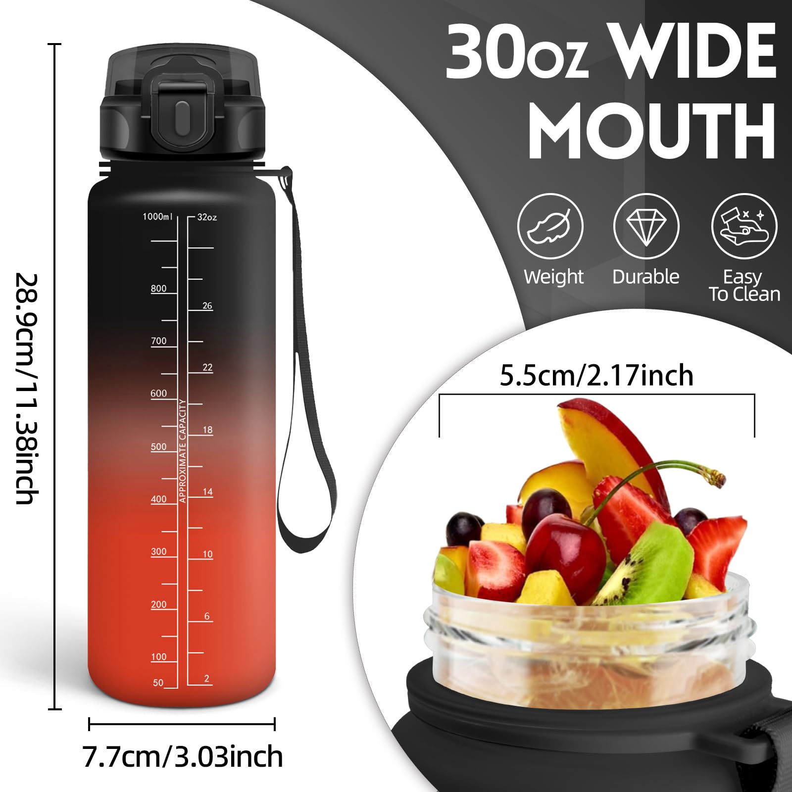 Borraccia, 1000ML Senza BPA, Borraccia Bambini, Design della serratura a prova di perdite, Borraccia Motivazionale, Con marca temporale, Bottiglia Acqua per Yoga, Sport, Scalare Montagne - Nero Rosso