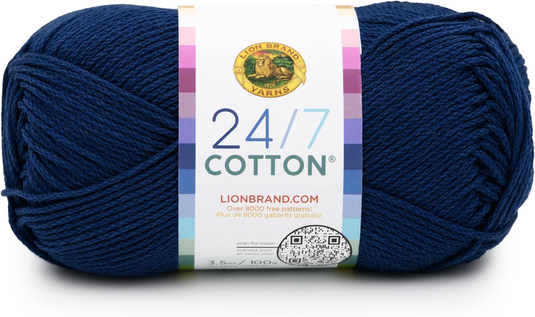 Lion Brand Yarn, 24/7 Cotton Mercerized Lightweight Yarn for Knitting, Crochet, and Crafts, Admiral, 1 Pack, 185 Yards of Natural Fiber for Breathable Tops, Durable Bags, and Easy-Care Dish Cloths